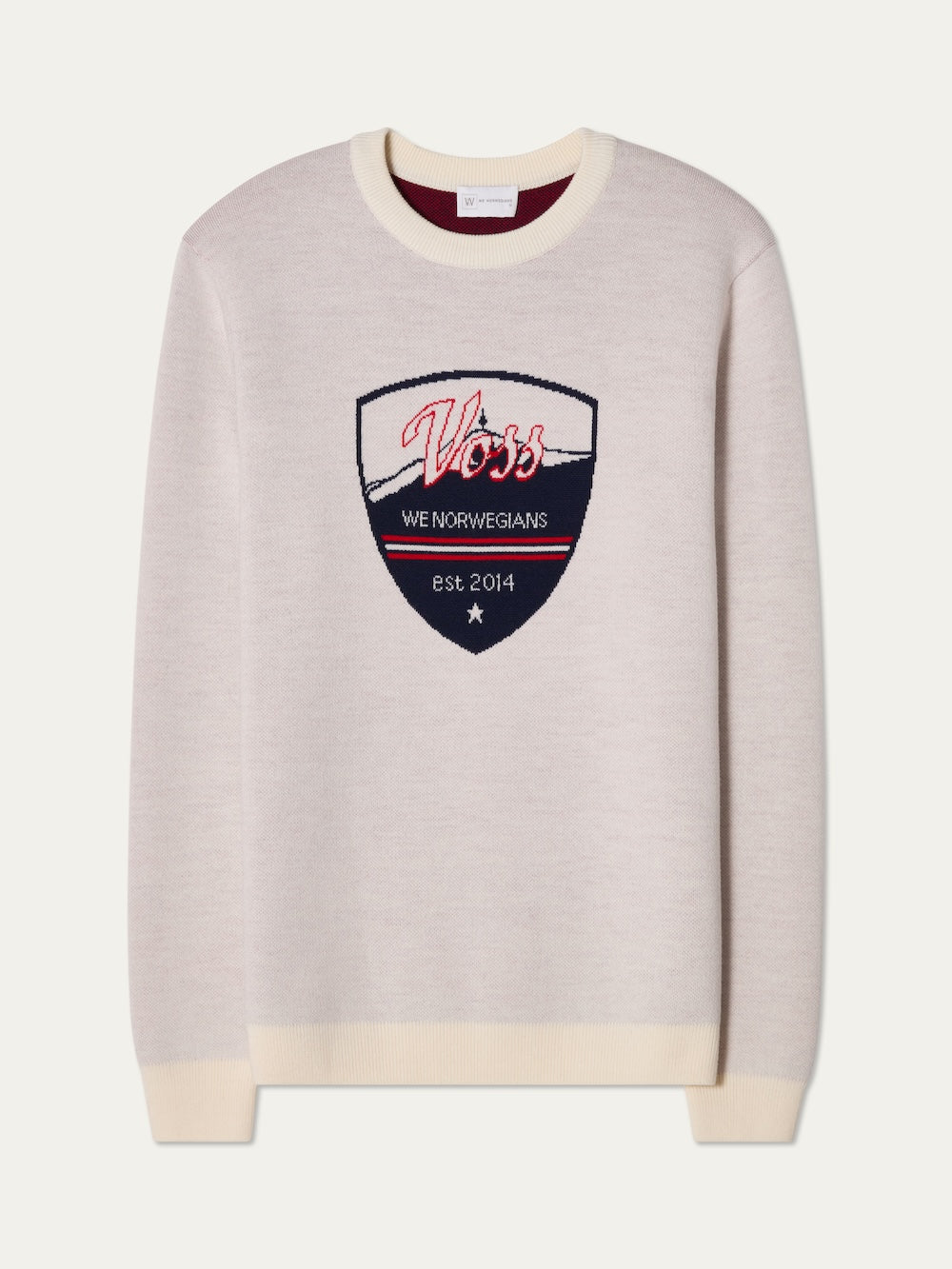 We Norwegians | FW25 | Mens Afterski Crewneck_Cream | A knitted sweater with a motif and logo at the front | Shot against an off-white background